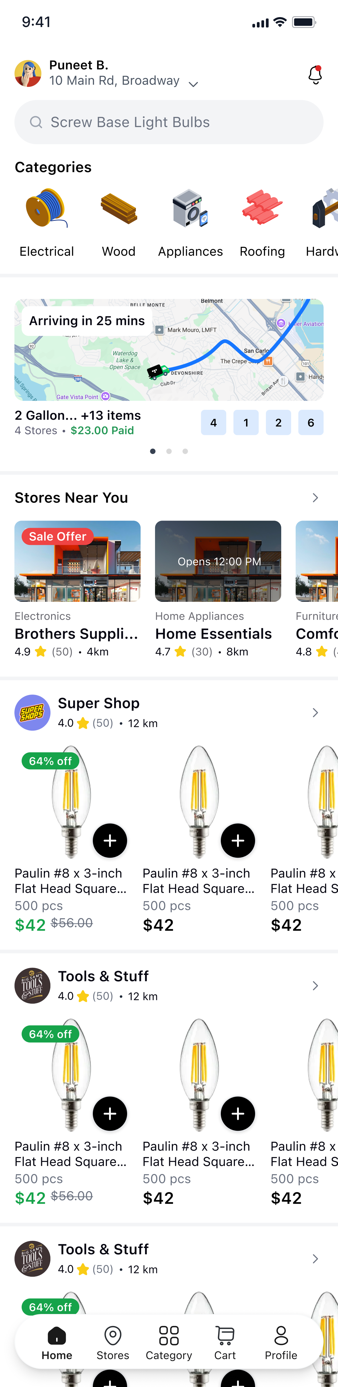 The InstaSupply app showing nearby suppliers and a live order