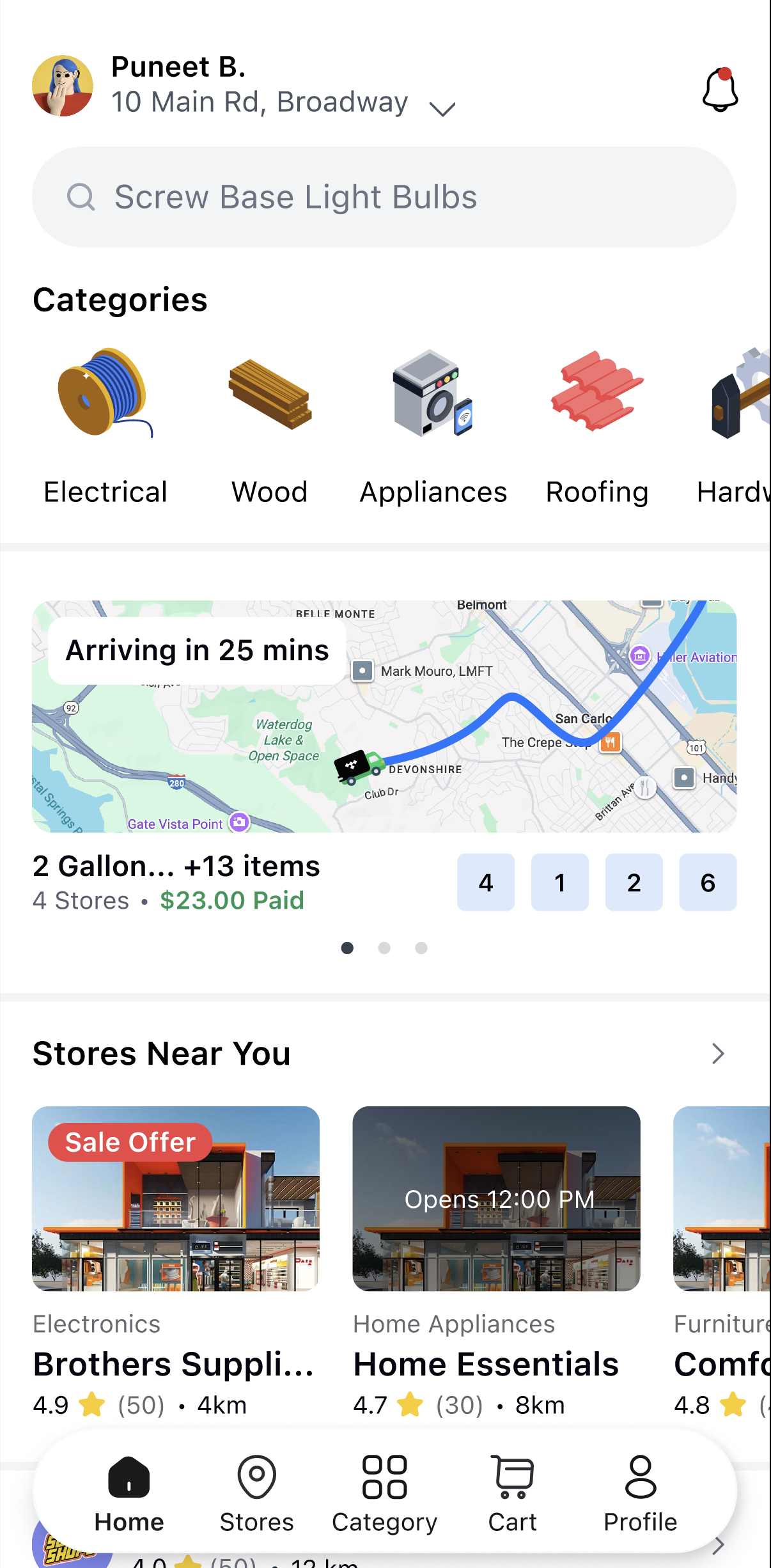 Home screen — search, categories, live order tracking, stores near you