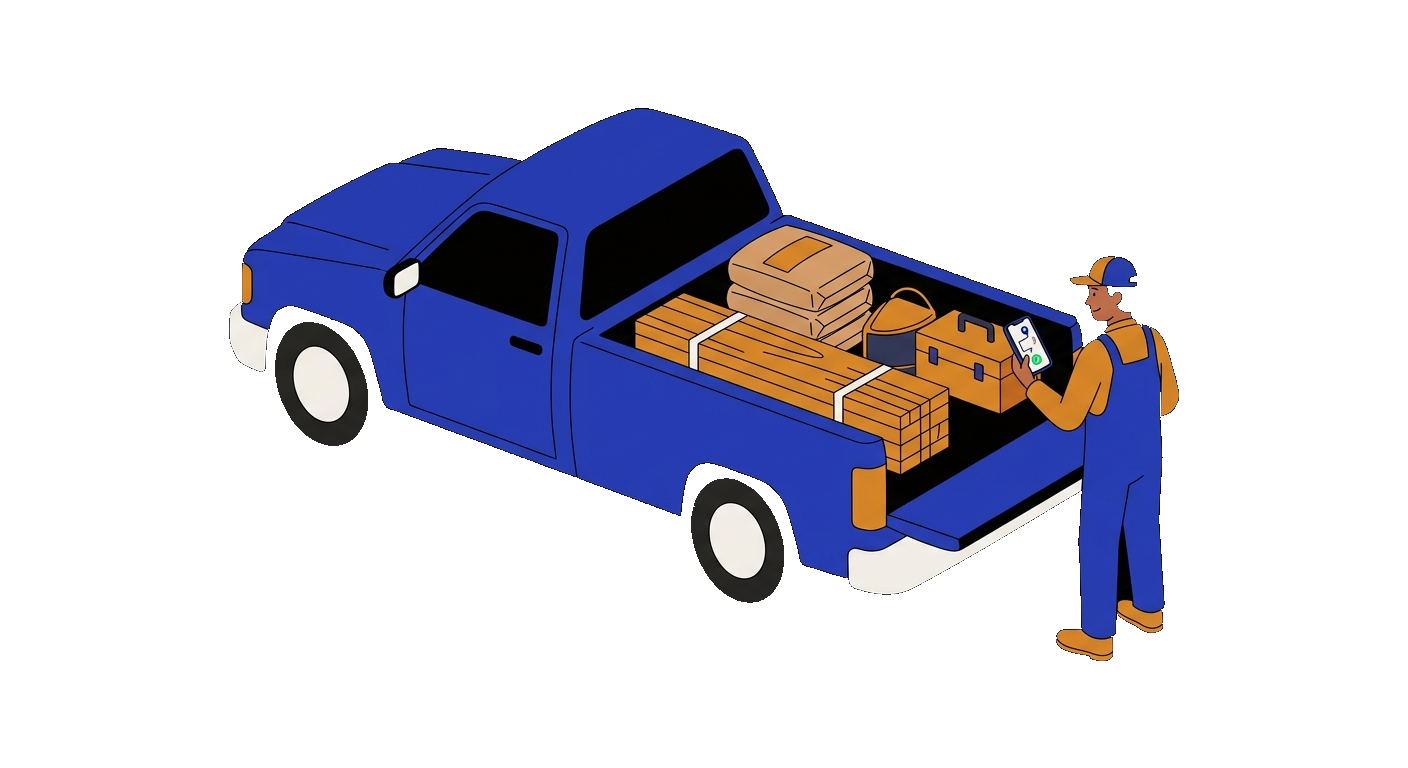 Driver with a pickup truck loaded with construction materials